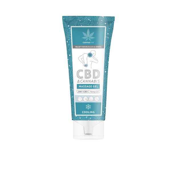 Cannaline Cannabis Cooling Gel &ndash; 200ml luksuri�s petroliumsbl� tube med k�lende relief-illustration til �mme muskler og led.