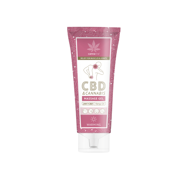 Cannaline CBD & Cannabis Massage Gel Warming 200 mg CBD. En stilren, st�vet bordeauxr�d og lyser�d tube med en grafisk illustration af en ryg med markerede massageomr�der.