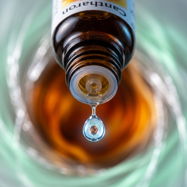 Et krystalklart makrobillede af en vanddr�be, der falder fra den indbyggede dr�bet�ller p� en m�rk ravfarvet glasflaske. Den bl�dt sl�rede baggrund kombinerer varme, flammende rav- og orangefarver, der elegant fader over i k�lige, lindrende mintgr�nne og s�lvglimtende nuancer. Lyset er ekstremt klart, balancerende, udstr�ler slukningen af indre ild, k�lende flow og hom�opatisk pr�cision.