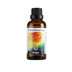 Allergica Cantharon 50 ml flaske med hvidt m�rkat og r�d-brune detaljer. H�ndpotenseret dansk hom�opati.