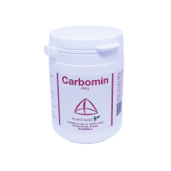 Opretst�ende Plantamed Carbomin 200g pulver d�se. Den er hvid med lilla og pink skrift, har et trekantet logo i midten og detaljeret tekst p� siderne.