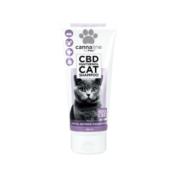 Cannaline Luksus Katteshampoo 200ml med hamp og panthenol, hvid og lilla tube med billede af en gr� britisk korth�rskat.