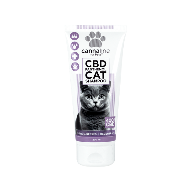 Cannaline Luksus Katteshampoo 200ml med hamp og panthenol, hvid og lilla tube med billede af en gr� britisk korth�rskat.