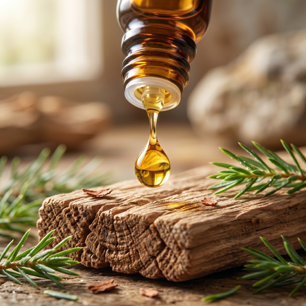 Et meget t�t n�rbillede af en dr�be gylden �terisk olie, der drypper direkte fra en lille m�rk glasflaske ned p� et stykke rustikt, r�t cedertr� omgivet af friske n�le.