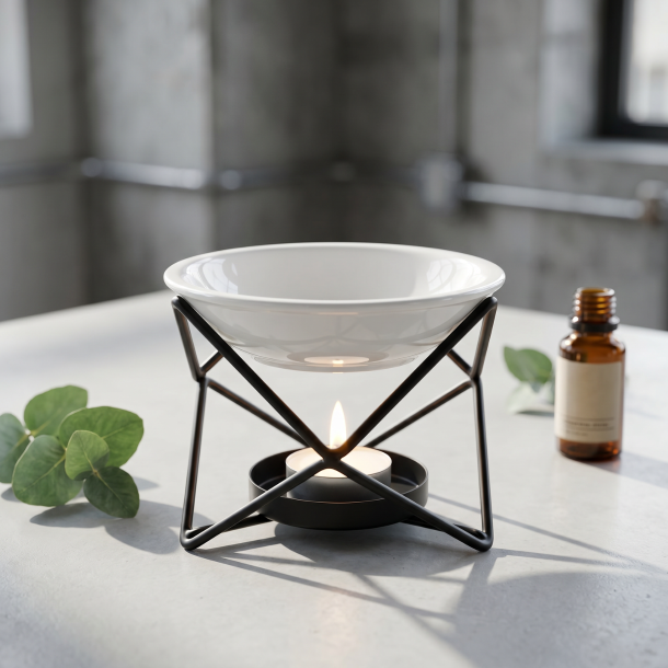 Den moderne Hex Stand duftlampe i metal og keramik pr�senteret p� en poleret betonoverflade, omgivet af friske eukalyptusblade i et lyst, industrielt-chic milj�.