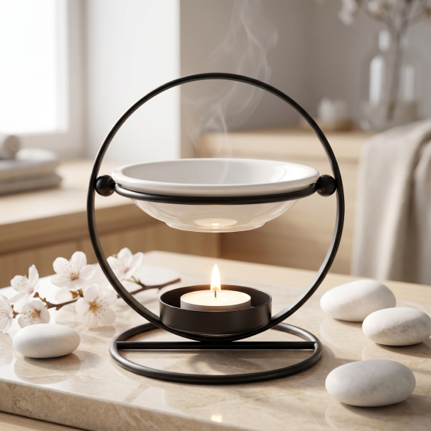 Den tidl�se Round Stand duftlampe pr�senteret p� en smuk, beige stenoverflade, ledsaget af hvide blomster og et t�ndt fyrfadslys i et lyst spa-milj�.