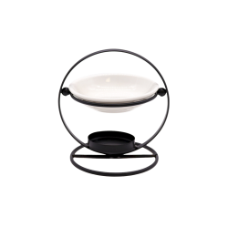 En tidl�s duftlampe kaldet Round Stand, fremstillet af en matsort, cirkul�r metalramme, der holder en hvid, glaseret keramiksk�l.