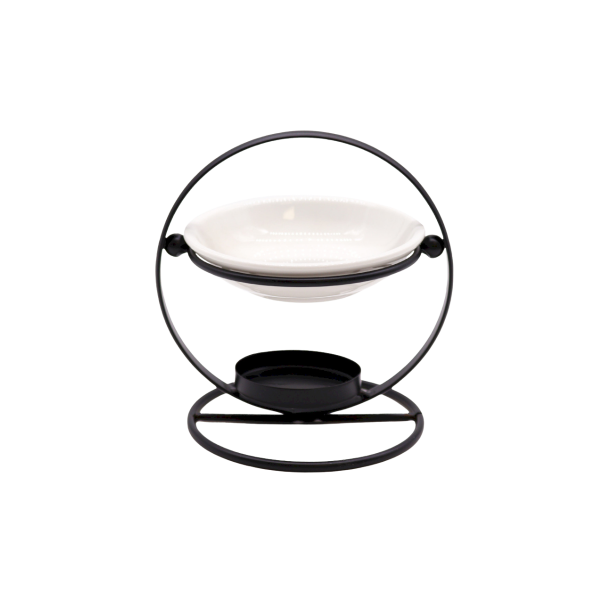 En tidl�s duftlampe kaldet Round Stand, fremstillet af en matsort, cirkul�r metalramme, der holder en hvid, glaseret keramiksk�l.