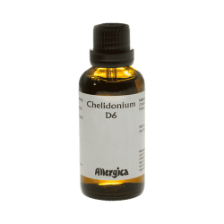 En klassisk m�rkebrun apoteker-glasflaske fra Allergica. Etiketten har et roligt, klinisk og stilrent hvidt/gr�t design med navnet Chelidonium D6 tydeligt centreret. Flasken indeholder 50 ml dr�ber og har en indbygget dr�bet�ller i toppen.