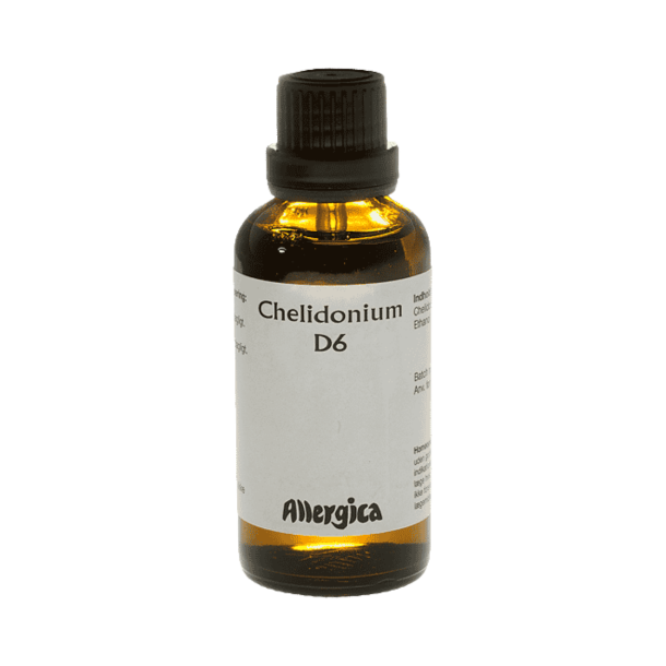 En klassisk m�rkebrun apoteker-glasflaske fra Allergica. Etiketten har et roligt, klinisk og stilrent hvidt/gr�t design med navnet Chelidonium D6 tydeligt centreret. Flasken indeholder 50 ml dr�ber og har en indbygget dr�bet�ller i toppen.