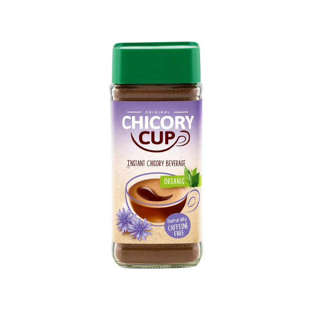 Chicory Cup �kologisk 100g glas med gr�nt l�g, instant cikoriedrik med illustration af lilla blomster og en f�rdig kop drik.
