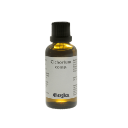Allergica Cichorium comp. 50 ml flaske med hvidt m�rkat og lysebl�/gr�nne detaljer. Dansk h�ndpotenseret hom�opati.