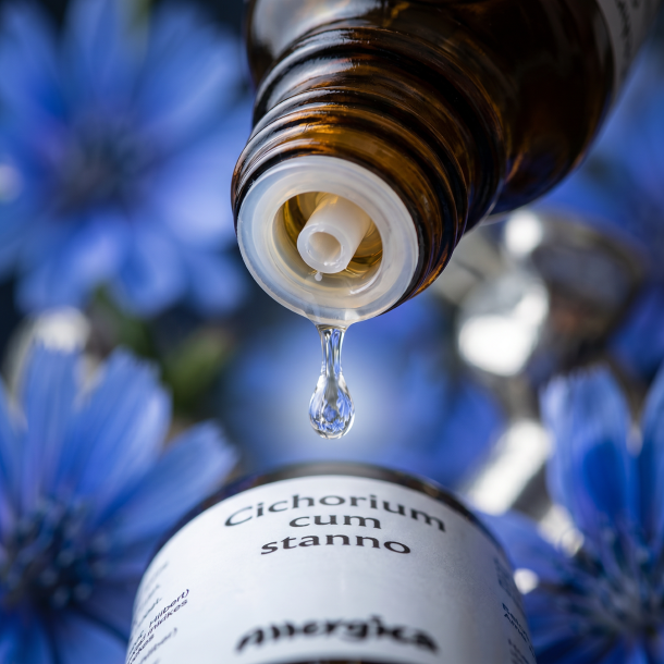 Et krystalklart makrobillede af en vanddr�be, der falder fra den indbyggede dr�bet�ller p� en m�rk ravfarvet glasflaske. Den bl�dt sl�rede baggrund kombinerer dybe, klare himmelbl� nuancer (Cikorie) med skarpe, strukturerende s�lvgr� og lyse metalliske glimt (Tin). Lyset er ekstremt klart, samlende og udstr�ler absolut strukturel rytme, indre flow og hom�opatisk pr�cision.