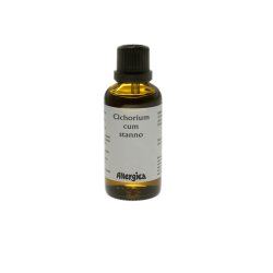 Allergica Cichorium cum stanno 50 ml flaske med hvidt m�rkat og lysebl� detaljer. Dansk h�ndpotenseret hom�opati med cikorie og tin.