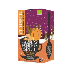Clipper Warming Pumpkin Spice Te. En smuk lilla og orange �ske med et snelandskab og illustrationer af et gr�skar, kanelst�nger og ingef�r, der stikker op fra en sort tekop.