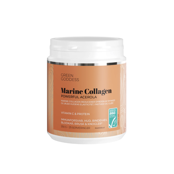 Green Goddess Collagen Powerful Acerola 250g emballage med fokus p� marine collagen og Vitamin C fra �kologisk acerola.