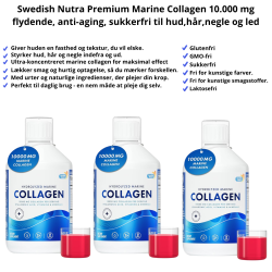 Billede af Swedish Nutra 10.000 Premium Collagen (500 ml) med et bl�t kampagnem�rke i toppen, der reklamerer for 'TAG 3 OG SPAR 30%'.