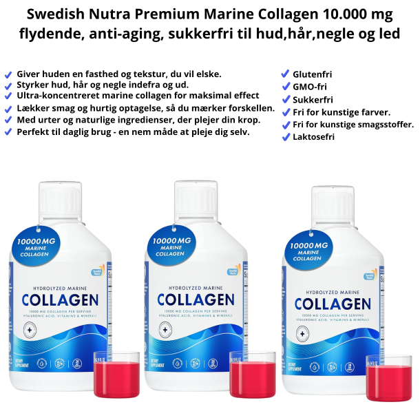 Billede af Swedish Nutra 10.000 Premium Collagen (500 ml) med et bl�t kampagnem�rke i toppen, der reklamerer for 'TAG 3 OG SPAR 30%'.