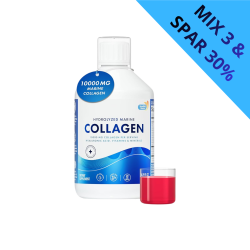 Swedish Nutra 10.000 Premium Collagen 500 ml flydende marint kollagen kosttilskud i hvid flaske med guldetiket og et tydeligt bl�t m�rke i hj�rnet, der viser tilbuddet 'TAG 3 OG SPAR 30%'.