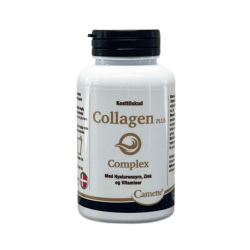 Camette Collagen PLUS Complex 120 kapsler. En hvid d�se med sort l�g, hvis etiket b�rer brune, bronze og sorte detaljer, og fremh�ver hyaluronsyre og zink.