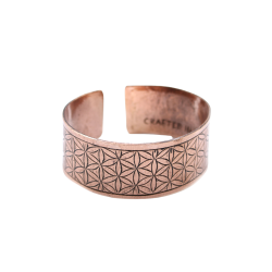H�ndlavet tibetansk kobberarmb�nd med Flower of Life m�nster pr�get i Nepal hos Helseservice.