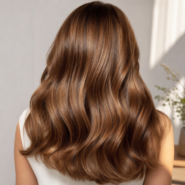 Illustration af det forventede farveresultat med R�mer Henna Brun, der viser en sund h�rpagt med varme brune nuancer og spejlblank glans.