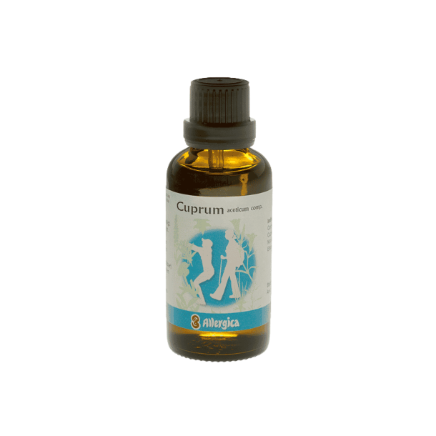 En klassisk m�rkebrun apoteker-glasflaske fra Allergica. Etiketten har en i�jnefaldende bl� cirkel med hvide silhuetter af aktive mennesker, der vandrer i naturen. Flasken indeholder 50 ml dr�ber og har en praktisk indbygget dr�bet�ller.