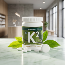 DFI K2-vitamin d�se pr�senteret p� lyst gr�nt marmor, ledsaget af hvide tabletter og friske gr�nne blade i et eksklusivt apoteker-milj�.