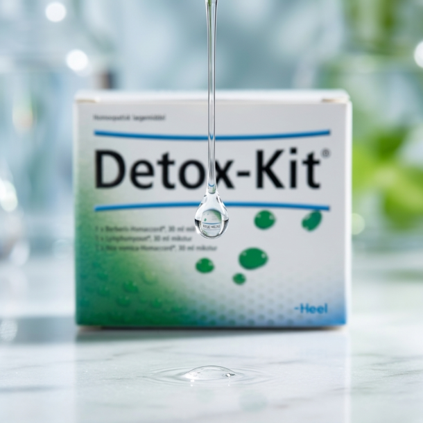 Et krystalklart makrobillede af en frisk, afk�lende vanddr�be, der falder i fokus, st�ende foran en 1:1 realistisk hvid og gr�n pap�ske med teksten 'Detox-Kit'. Den bl�dt sl�rede baggrund kombinerer rene, klare vandtoner med vitale, friske gr�nne glimt. Lyset er ekstremt klart, rensende, og udstr�ler absolut indre flow, hom�opatisk pr�cision og for�rsreng�ring.