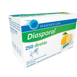 Magnesium Diasporal 250 direkte �ske med 50 portions-sticks og illustration af citron og indtagelse.