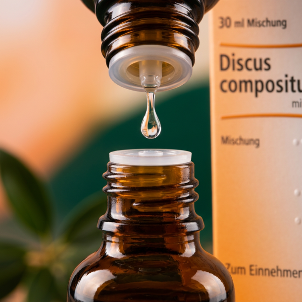 Et krystalklart makrobillede af en vanddr�be, der falder fra den indbyggede dr�bet�ller p� en 1:1 realistisk m�rk ravfarvet glasflaske. Den bl�dt sl�rede baggrund kombinerer varme, strukturerende orange og fersken-toner med dybe, stedsegr�nne glimt (Kalmia/Bjerglaurb�r). Lyset er ekstremt klart, formgivende og udstr�ler absolut forl�sning af fysiske blokeringer, bindev�vets elasticitet og tysk hom�opatisk pr�cision.