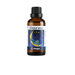 Allergica Dormi 50 ml flaske med hvidt m�rkat og m�rkebl�/nattebl� detaljer. Dansk h�ndpotenseret hom�opati.