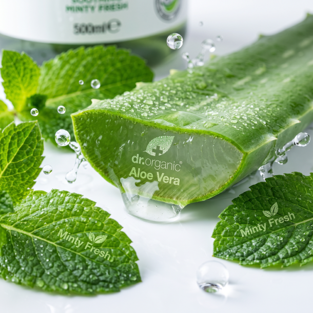 Et ekstremt skarpt og forfriskende n�rbillede. Saftige stykker af oversk�ret aloe vera og friske gr�nne pebermynteblade sv�ver i luften, omgivet af dynamiske, krystalklare vandspr�jt mod en m�rkegr�n baggrund, der matcher flaskens nye design.