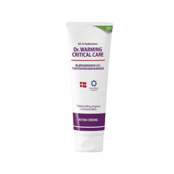 Dr. Warming Critical Care Intime Creme 150 ml. Hvid tube med et lilla b�nd, 92% fedtcreme, certificeret af Astma-Allergi Danmark.