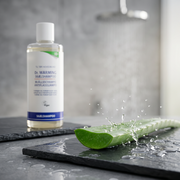 Et �stetisk og rent badev�relsesmilj� med friske gr�nne aloe vera blade og lunt, rindende vand, der signalerer sund og sk�nsom h�rpleje.