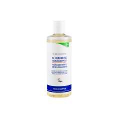 En 300 ml flaske Dr. Warming Sk�lshampoo med hvid og bl� etiket samt det gr�nne veganske certifikat, st�ende p� en ren hvid baggrund.