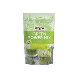En pose �kologisk Dragon Green Power Mix vist med frisk, gr�nt pulver. Billedet viser en servering af en gr�n smoothie toppet med kokosflager.