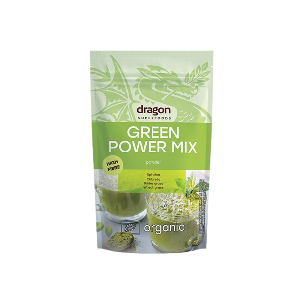 En pose �kologisk Dragon Green Power Mix vist med frisk, gr�nt pulver. Billedet viser en servering af en gr�n smoothie toppet med kokosflager.