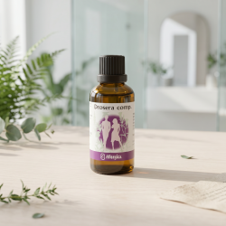 Allergica Drosera comp dr�ber anrettet p� lyst violet marmor, ledsaget af gr�nne botaniske blade i et lyst, klinisk natur-apoteker milj�.