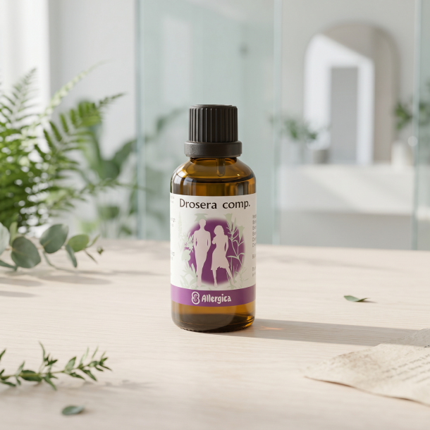 Allergica Drosera comp dr�ber anrettet p� lyst violet marmor, ledsaget af gr�nne botaniske blade i et lyst, klinisk natur-apoteker milj�.