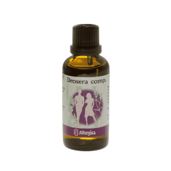 Allergica Drosera comp. 50 ml flaske med hvidt m�rkat og m�rker�de/gr�nne detaljer. Dansk h�ndpotenseret hom�opati.