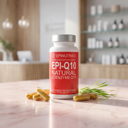 Epinutrics EPI-Q10 d�se pr�senteret p� lyst r�dligt marmor, ledsaget af kapsler med gyldent indhold og frisk byggr�s i et eksklusivt apoteker-milj�.