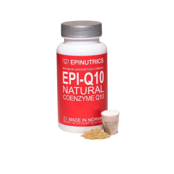 Epinutrics EPI-Q10 60 stk. En hvid d�se med r�d etiket og s�lvl�g, ved siden af l�st pulver, der fremh�ver indholdet af ubiquinol og ubiquinon til maksimal optagelse.