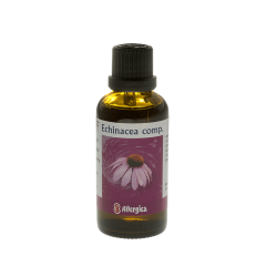 Allergica Echinacea comp. 50 ml flaske med hvidt m�rkat og gr�nne/r�de detaljer. Dansk h�ndfremstillet antroposofisk l�gemiddel.