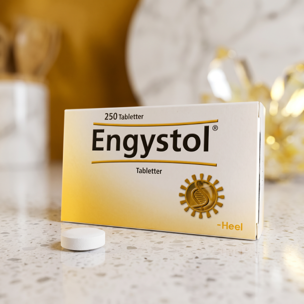 En stor hvid pap�ske med navnet Engystol skrevet med sort og bl� skrift, produceret af tyske Heel. �sken angiver 250 tabletter og b�rer den klassiske, gyldne sol-grafik.