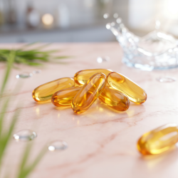 Epinutrics Wild Salmon d�se pr�senteret p� lyst r�dligt marmor, ledsaget af ravgyldne oliekapsler og frisk byggr�s i et eksklusivt apoteker-milj�.