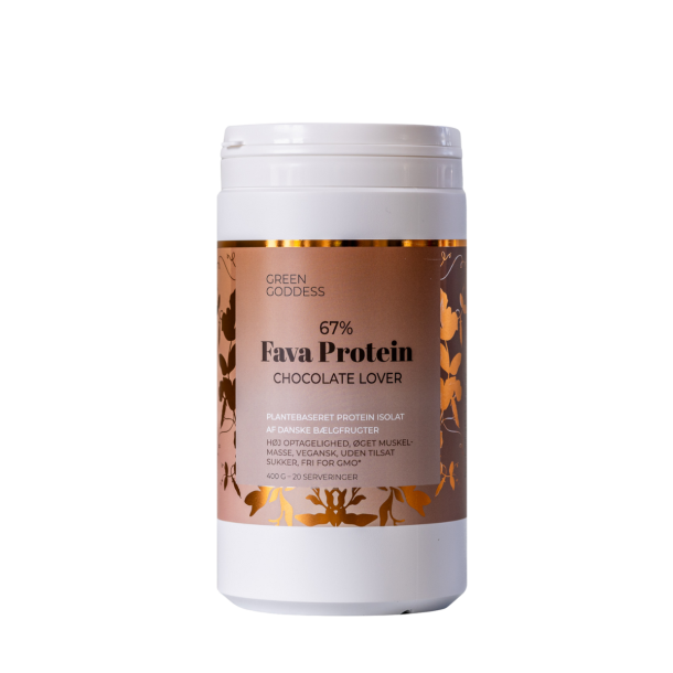Green Goddess Chocolate Lover vegansk fava proteinpulver 400g chokoladesmag dansk produceret.