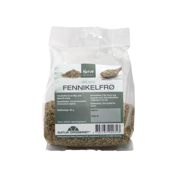 Natur-Drogeriet Fennikel knust 80 g urtete i gennemsigtig pose med tydelige fr� pr�senteret hos Helseservice.