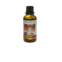 Allergica Ferrum phos. D12 50 ml flaske med hvidt m�rkat og r�dlige/orange detaljer. Dansk h�ndpotenseret hom�opati og cellesalt nr. 3.
