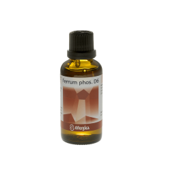 Allergica Ferrum phos. D6 50 ml flaske med hvidt m�rkat og r�dlige/orange detaljer. Dansk h�ndpotenseret hom�opati og cellesalt nr. 3.